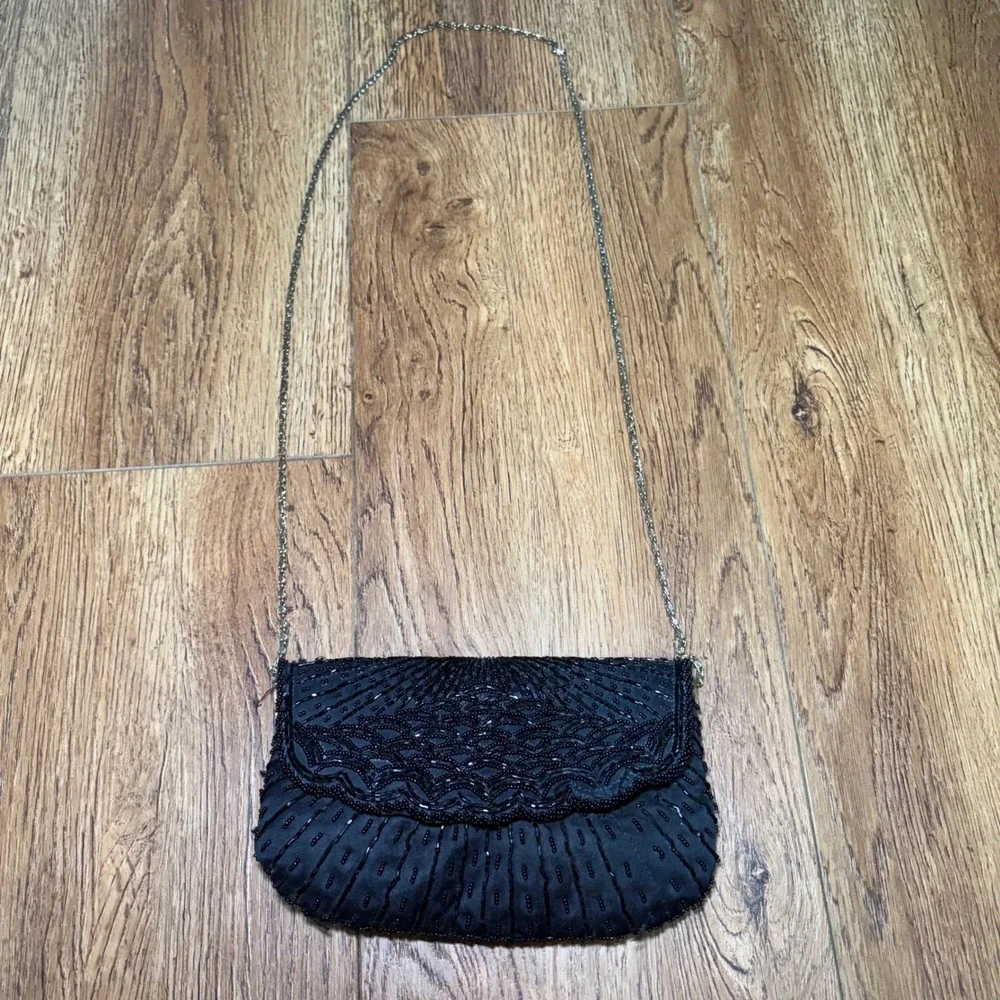 90s La Regale Ltd Black Beaded Evening Bag Satin Clutch Chain Purse handmade